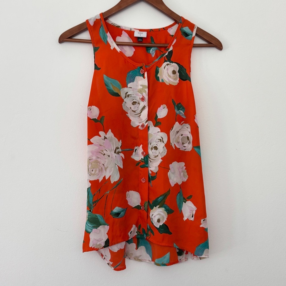 Cabi Red Orange Floral Button Down High-Low Cami Top Racerback size s